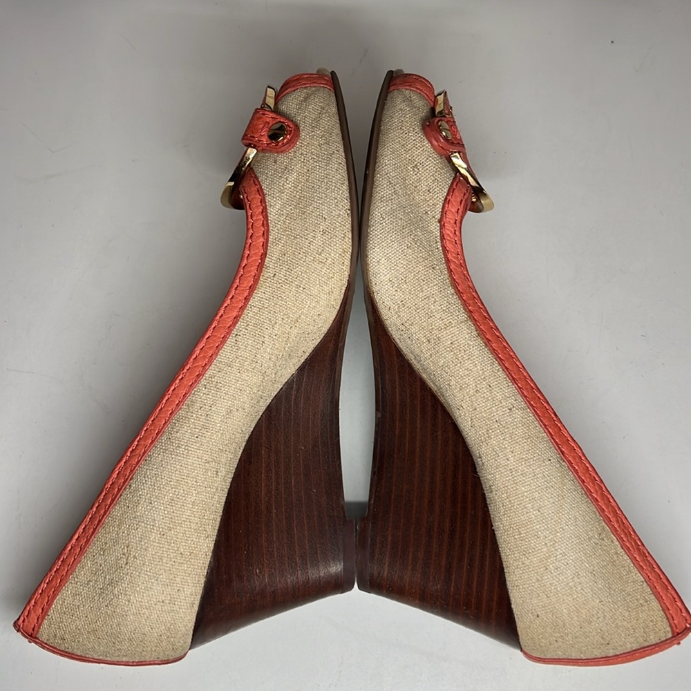 Tory Burch Amanda Off White/Pink Leather And Canvas PepToes Wedges Woman’s 6.5M - Picture 14 of 16